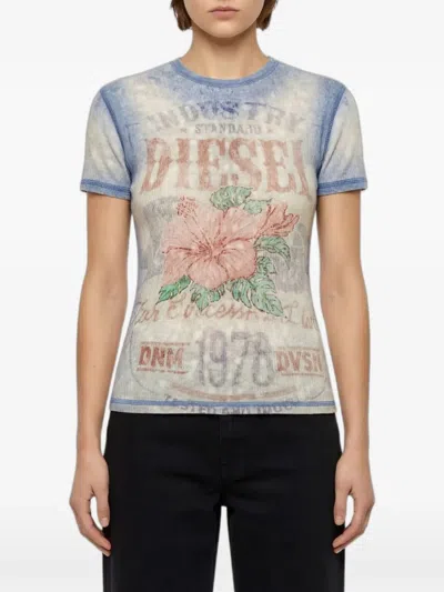 Diesel Iana Ribbed Crew Neck Graphic T Shirt In Blue