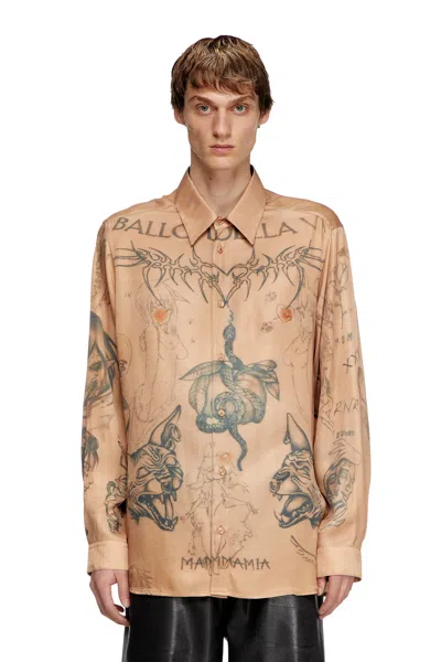 Diesel Fluid Satin Shirt With Tattoo Print In Beige