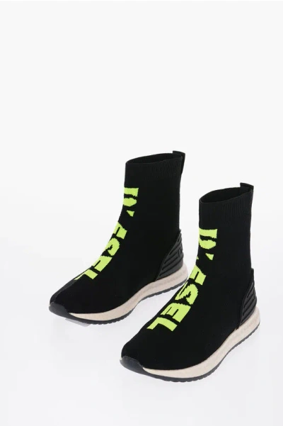 Diesel Fluo Logo Brave Runner High Top Sock Sneakers In Black