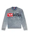 Diesel Distressed Crewneck Sweater With Ribbed Cuffs In Blue