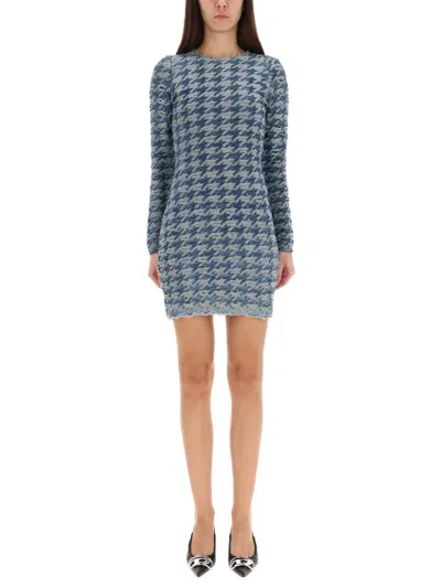 Diesel Frayed-houndstooth Mini Dress In Blue