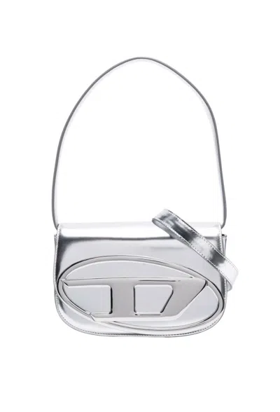 Diesel Geometric Flap Shoulder Bag With Metallic Finish In Silver