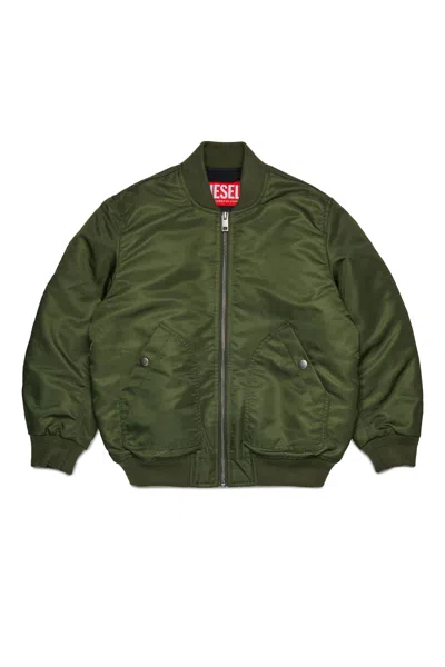 Diesel Kids' Giacca Bomber In Gabardina Con Maxi Logo In Green