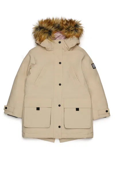 Diesel Kids' Padded Jacket With Faux Fur Hood And Pockets In Neutral