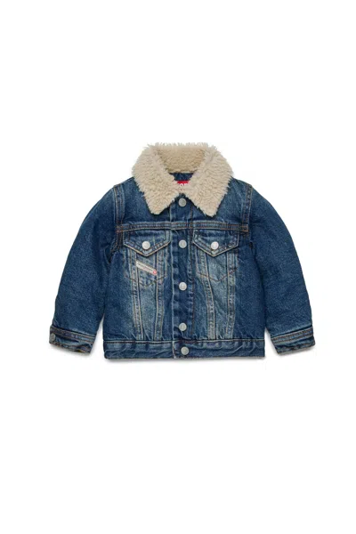 Diesel Kids' Giacca Trucker In Denim Effetto Dirty Con Interno Teddy In Blue