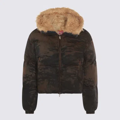 DIESEL DIESEL BROWN AND BLUE COTTON W-AVES-FUR DOWN JACKET
