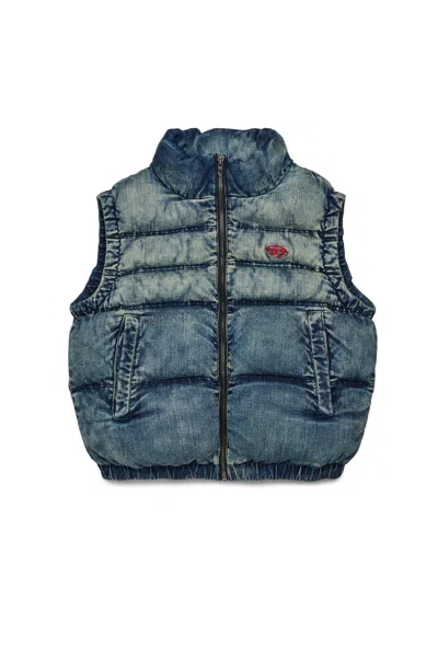 Diesel Kids' Gilet Imbottito Corto In Denim Effetto Dirty In Multi