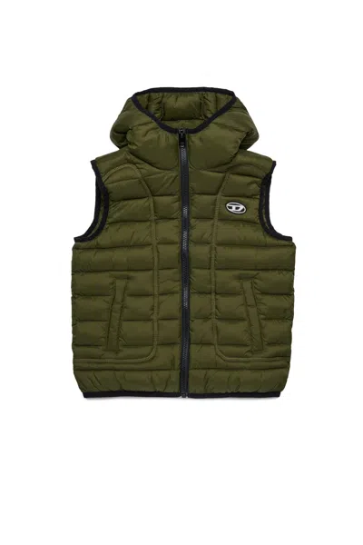 Diesel Gilet Lightweight Con Cappuccio E Logo Oval D In Green