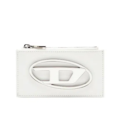 Diesel Glossy Leather Zip Card Holder In White