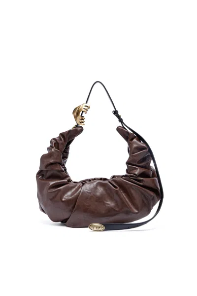 Diesel Grab-d L-large Scrunched Hobo Bag In Shiny Pu In Brown