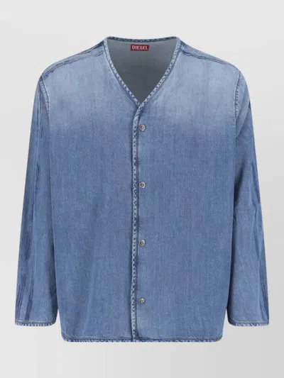 Diesel Denim Shirt With V-neckline And Bold Back Graphic In Blue