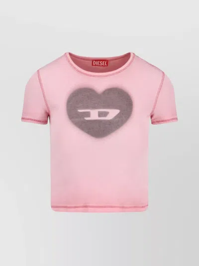 Diesel Graphic Print Ribbed Neckline Round Neck In Pink