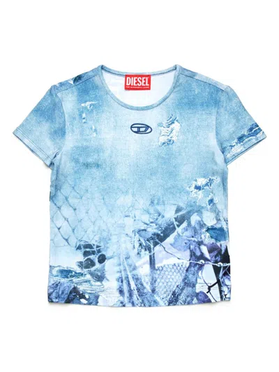 Diesel Kids' T-shirt Con Grafica Allover Camouflower In Blue