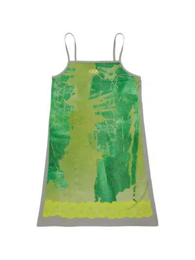 Diesel Kids' Graphic-print Lace-trim Dress In Green