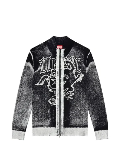 Diesel Graphic-print Zip-up Cardigan In Black