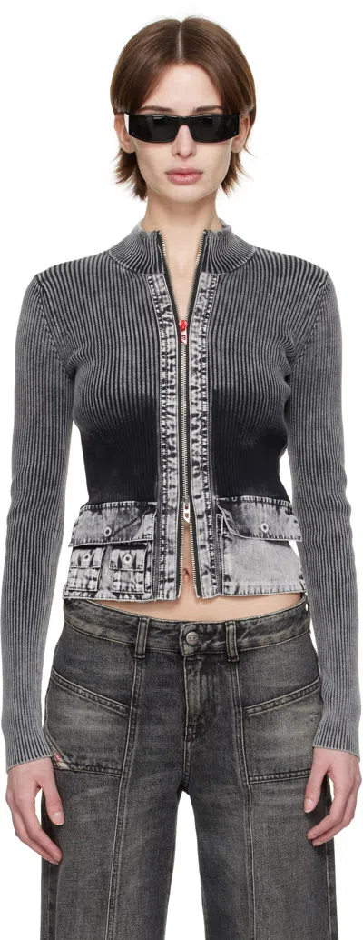 Diesel Denim Pocket Zipper Cardigan In Grey