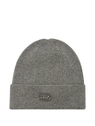 DIESEL GRAY RIBBED KNIT LOGO BEANIE