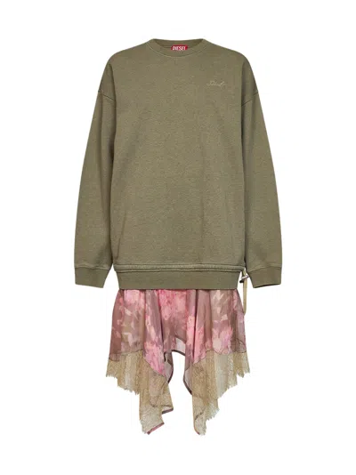 Diesel Green And Pink D-orely Sweatshirt Dress With Chiffon Skirt