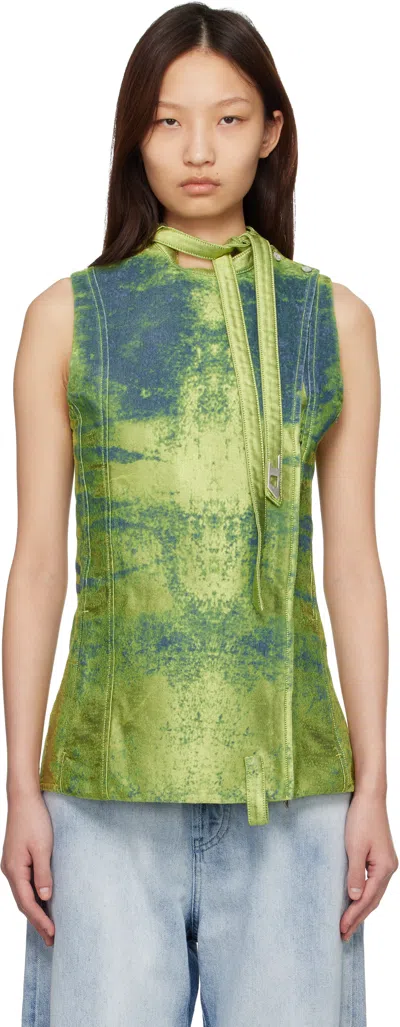 Diesel Green Belted Satin Denim Vest In Blue