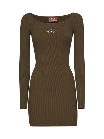 Diesel Green Ribbed Viscose M-vera Minidress In Brown
