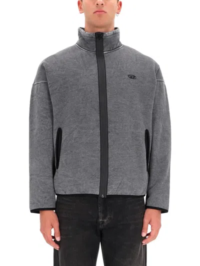 DIESEL MEN GREY LOGO MOCK COLLAR SWEATSHIRT