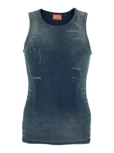 Diesel Grey Ribbed Top With Faded Effect And Round Neck In Cotton Man In Blue