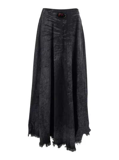 DIESEL GREY SKIRT WITH OVAL D LOGO PLAQUE AND FRAYED EDGES IN COTTON BLEND WOMAN