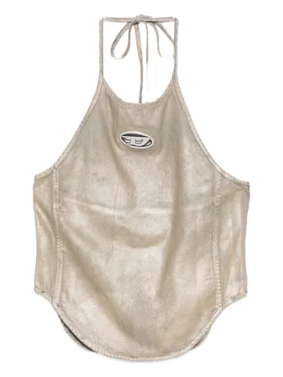Diesel Halterneck Top With Curved Hem And Shine In Gold