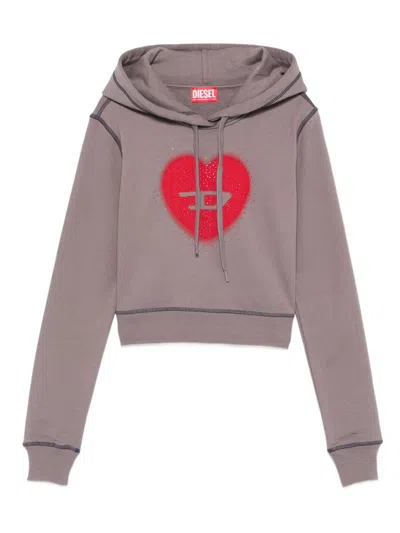 Diesel Heart Logo Cotton Cropped Hooded Top In Purple
