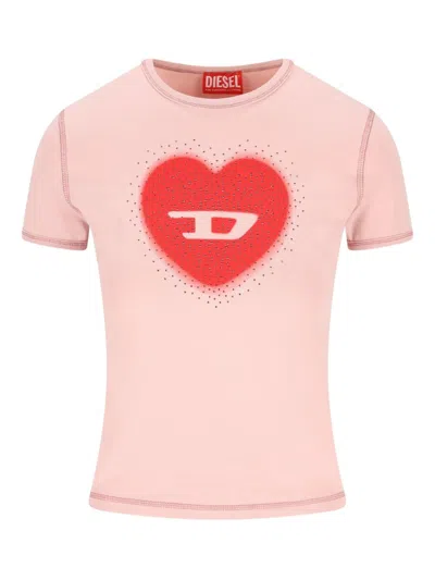 Diesel Women Pink Crew Neck T-shirt With Front Print And Beaded Details In Cotton Woman In Gold
