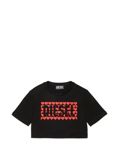 Diesel Kids' Heart Print Cropped T-shirt In Blue