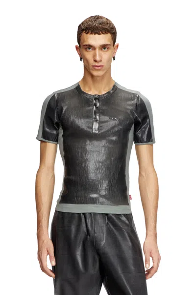 Diesel Henley T-shirt With Coated Front In Grey