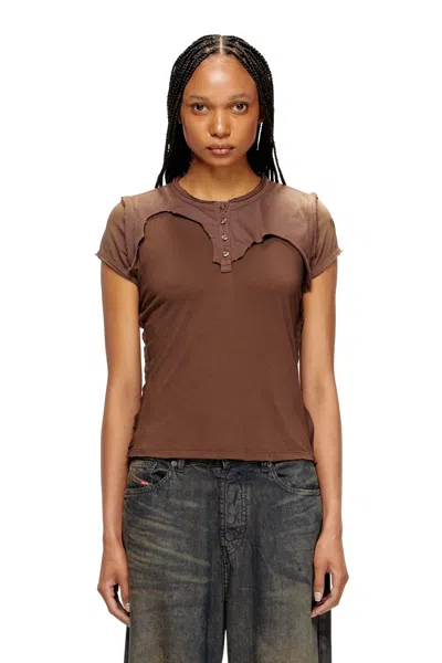 Diesel Henley T-shirt With Peel-off Effect In Brown