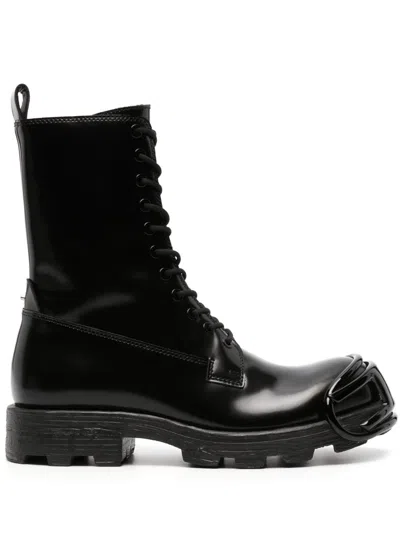Diesel High Lace-up Black Boots With Glossy Finish And Chunky Sole