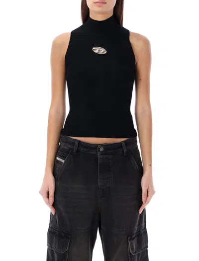 Diesel High Neck Sleeveless Ribbed Top With Metallic Logo In Black