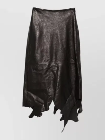 Diesel High Waist Asymmetric Midi Leather Silk Skirt In Brown