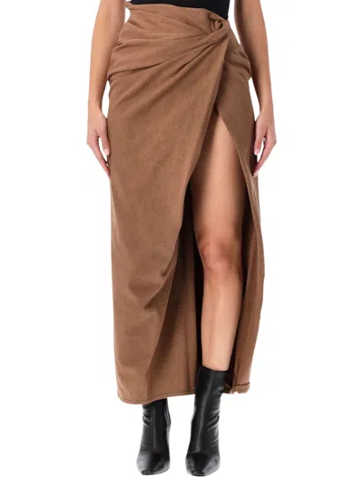 Diesel High-waisted Draped Denim Skirt With Asymmetric Wrap Front And Off-center Split In Brown