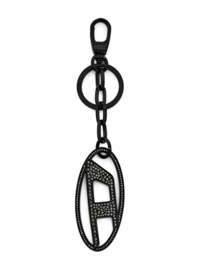 Diesel Metal Oval D Keyring With Crystals In Black