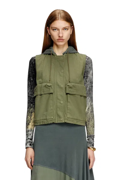 Diesel Hooded Cargo Vest In Cotton Twill In Green