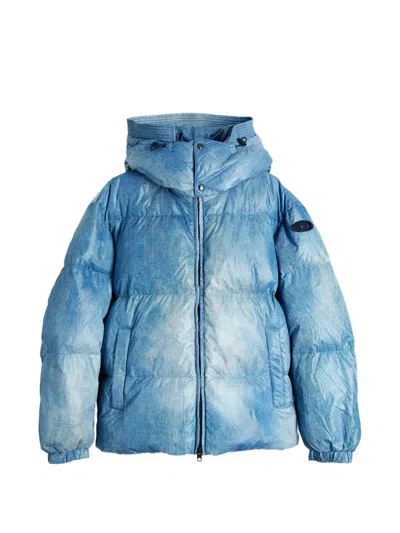 Diesel Hooded Down Jacket With Denim-effect Print In Blue