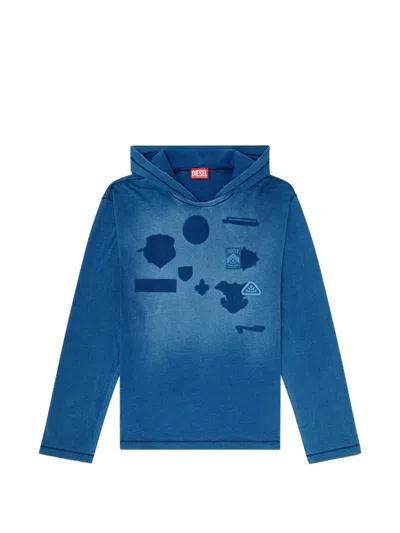 Diesel Hooded Long-sleeve T-shirt With Shadow-effect Patches In Blue