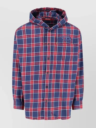 Diesel Hooded Plaid Shirt With Button-down Front And Logo Detail In Blue