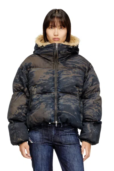 Diesel Hooded Puffer Jacket In Dirt-effect Camo Denim In Multi