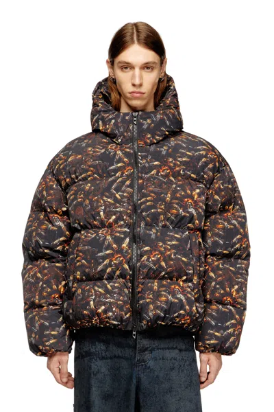 Diesel Hooded Puffer Jacket With Spider Print In Blue