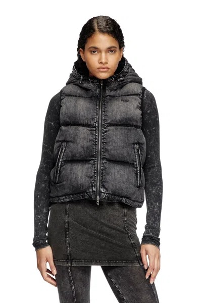 Diesel Hooded Puffer Vest In Faded Denim In Black