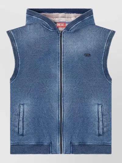 Diesel Hooded Sleeveless Jacket Ribbed Hem Pockets In Blue