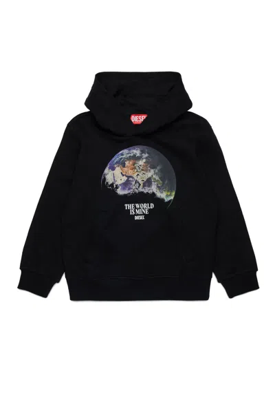 Diesel Kids' Hooded Sweatshirt With Earth Print In Black