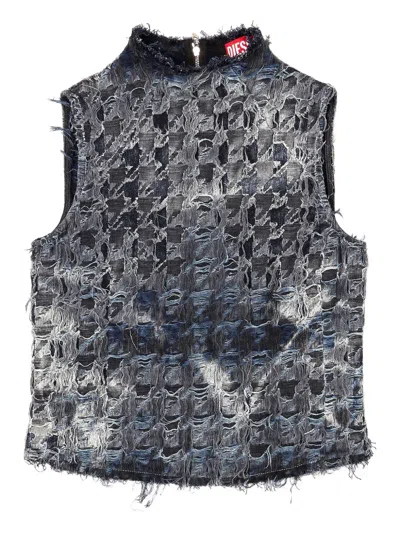 Diesel Houndstooth Denim Vest In Blue