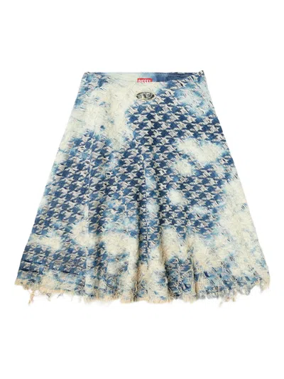 DIESEL HOUNDSTOOTH FRAYED DENIM SKIRT