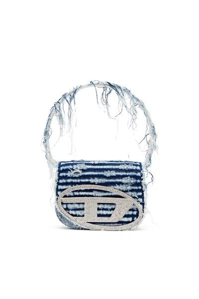 Diesel Iconic Shoulder Bag In Frayed Denim In Blue